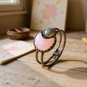 🆕 Pink Rose Quartz & Labradorite Moon Natural Stone Bangle Cuff Bracelet 🌈✨